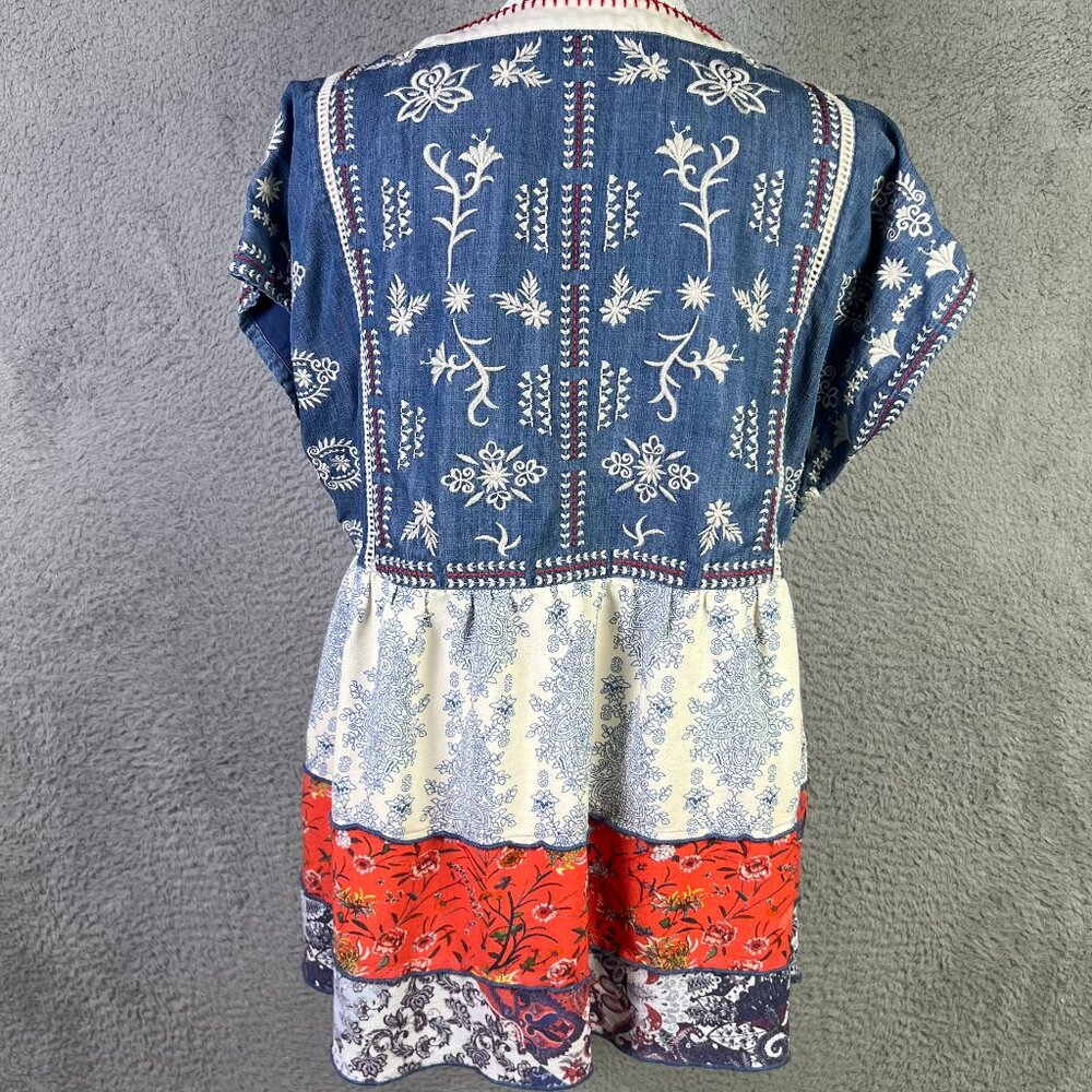 John Mark Top Womens M Blue Floral Embroidered Split V-Neck Tassel Tie Blouse - Picture 2 of 9